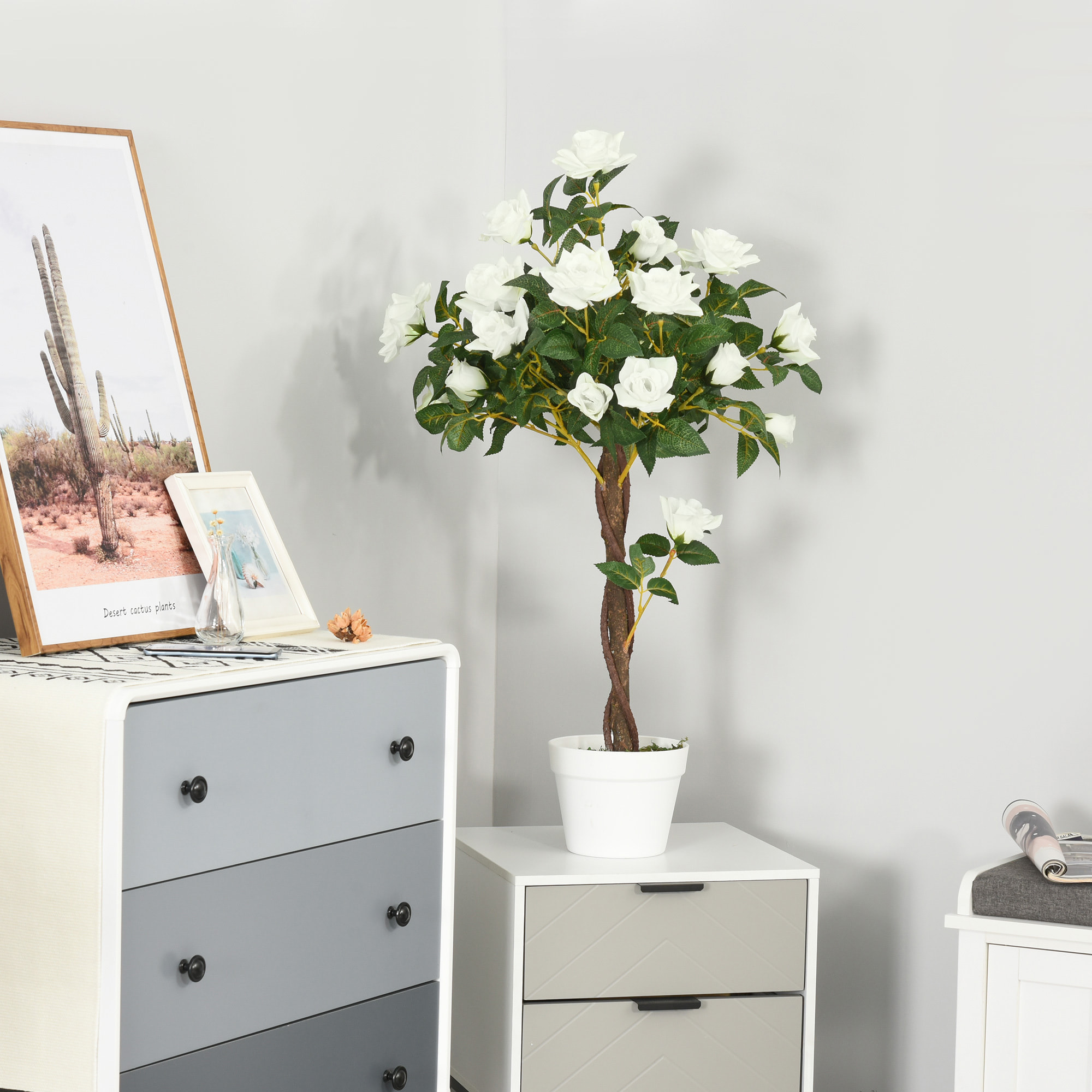 Juego de 2 Plantas Artificiales Rosas Artificiales con 21 Flores y Maceta de Cemento Plantas Sintéticas para Decoración Hogar Salón Oficina Verde y Blanco