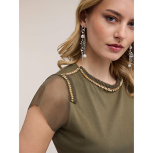 Motivi - T-shirt con maniche in tulle e ricami gioiello - Verde militare