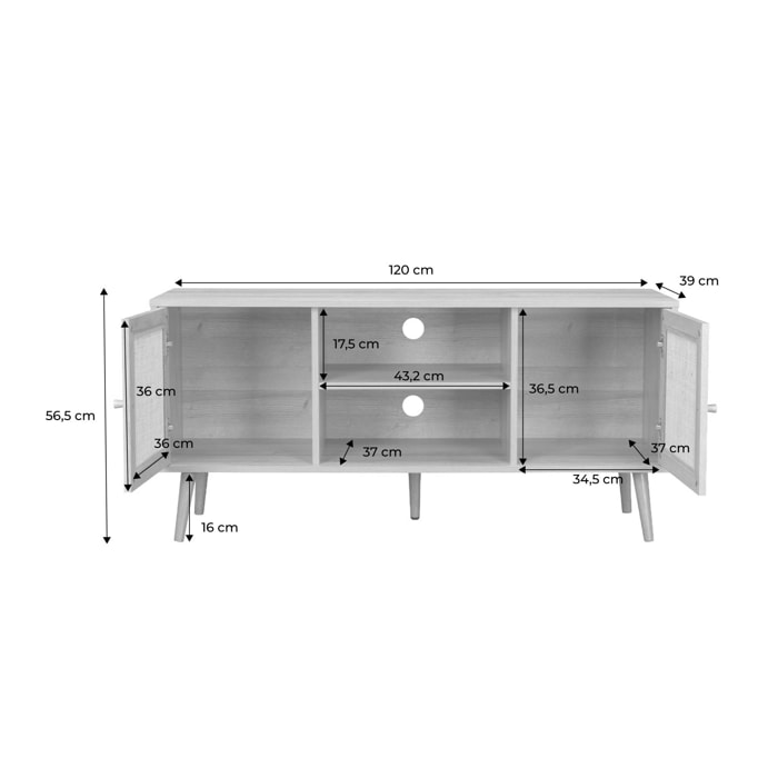 Meuble TV scandinave cannage 2 portes 120cm BOHÈME