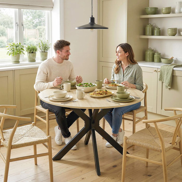 Mesa Plegable de Comedor, Mesa de Cocina Plegable Redonda, para 2-6 Personas, con Ala Abatible, Marco de Acero Doble X, para Salón, Espacio Pequeño, Ø110x76 cm, Natural