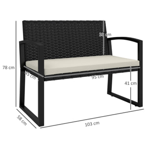 Banco de Jardín de Ratán Sintético de 2 Plazas Banco de Exterior con Cojín y Reposabrazos Carga 240 kg para Terraza Patio 103x58x78 cm Negro y Beige