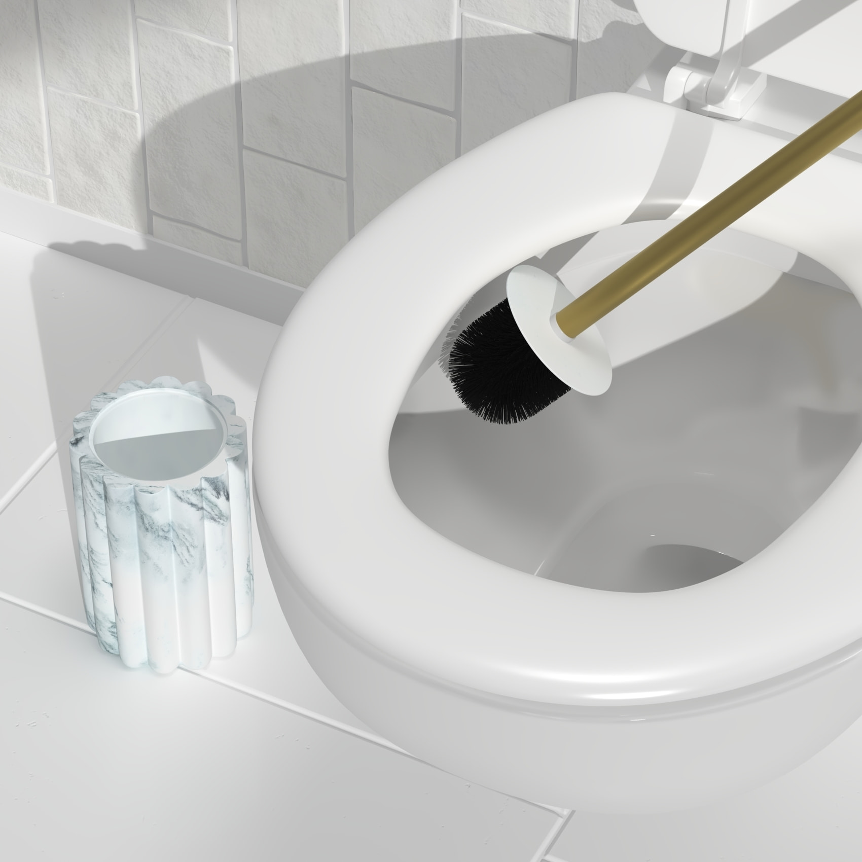 Brosse WC  - Effet marbre avec manche doré - Blanc