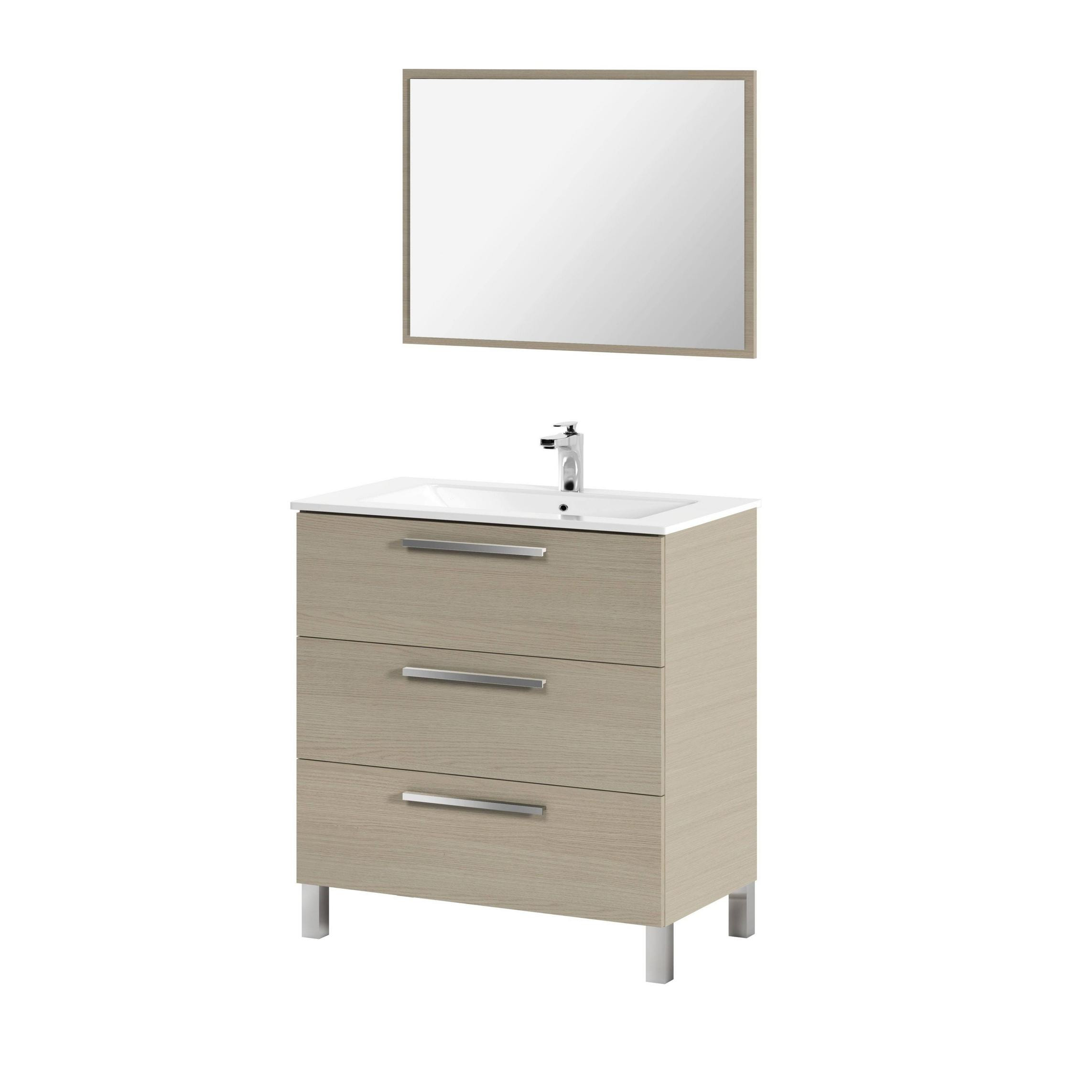 Mobile sottolavabo Palmdale, Mobiletto per bagno, Armadio a 3 cassetti e specchio, lavabo non incluso, cm 80x45h86, Rovere