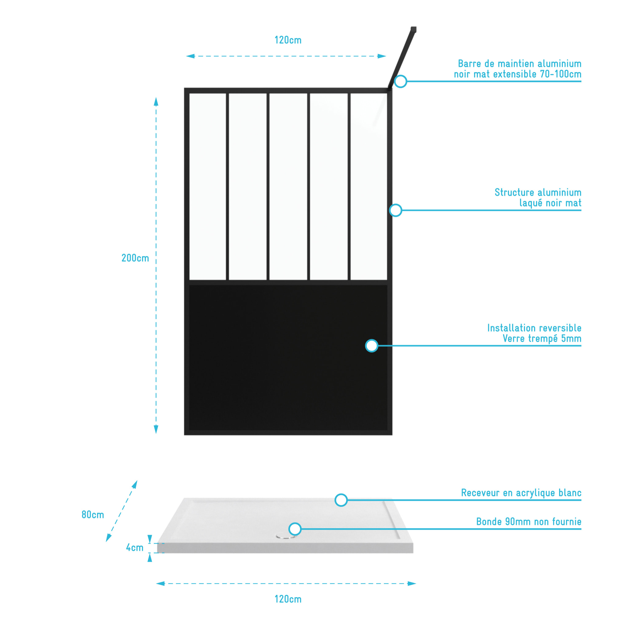 Pack Paroi de douche 120x200 cm noir mat - verre trempe 5mm + RECEVEUR A POSER RECTANGLE 120x80