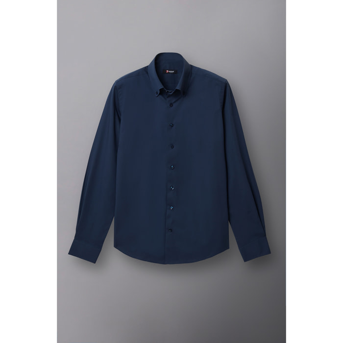 Camicia Uomo 2 Bottoni Button Down Slim Popeline Stretch Unito Blu
