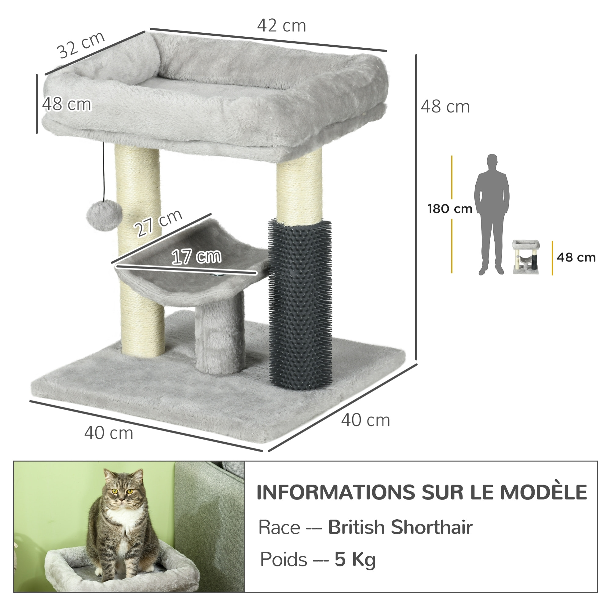 Arbre à chat griffoirs sisal naturel et massant plateforme panier jeu boule suspendue peluche gris