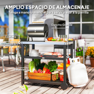 Carrito de Parrilla de 3 Niveles Carrito de Barbacoa Carro de Servicio con 2 Ruedas Estantes Encimera de Acero Inoxidable y Asa Mesa de Horno de Pizza para Jardín Patio Gris Carbón