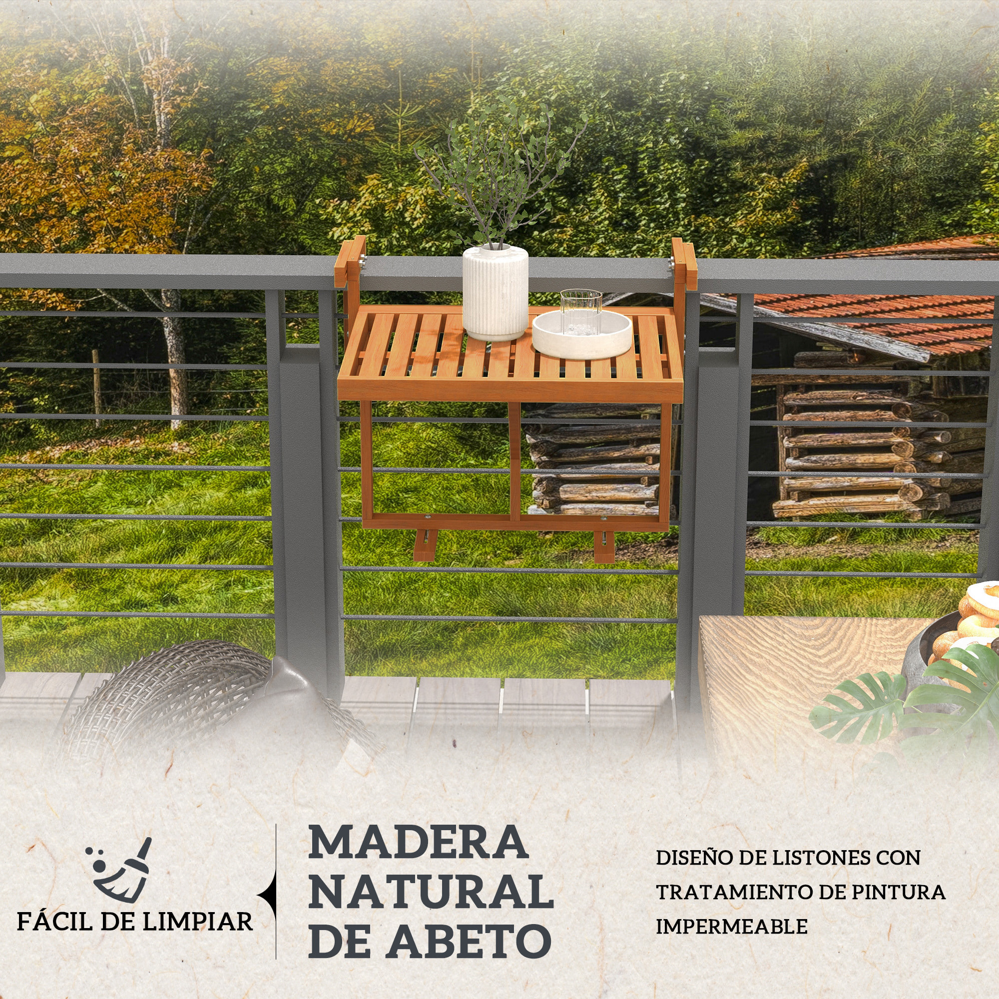Outsunny Mesa Colgante de Balcón Mesa para Balcón Plegable de Madera con Altura Ajustable en 4 Niveles Carga 20 kg para Terraza 68x65x40,5-55 cm Madera Natural