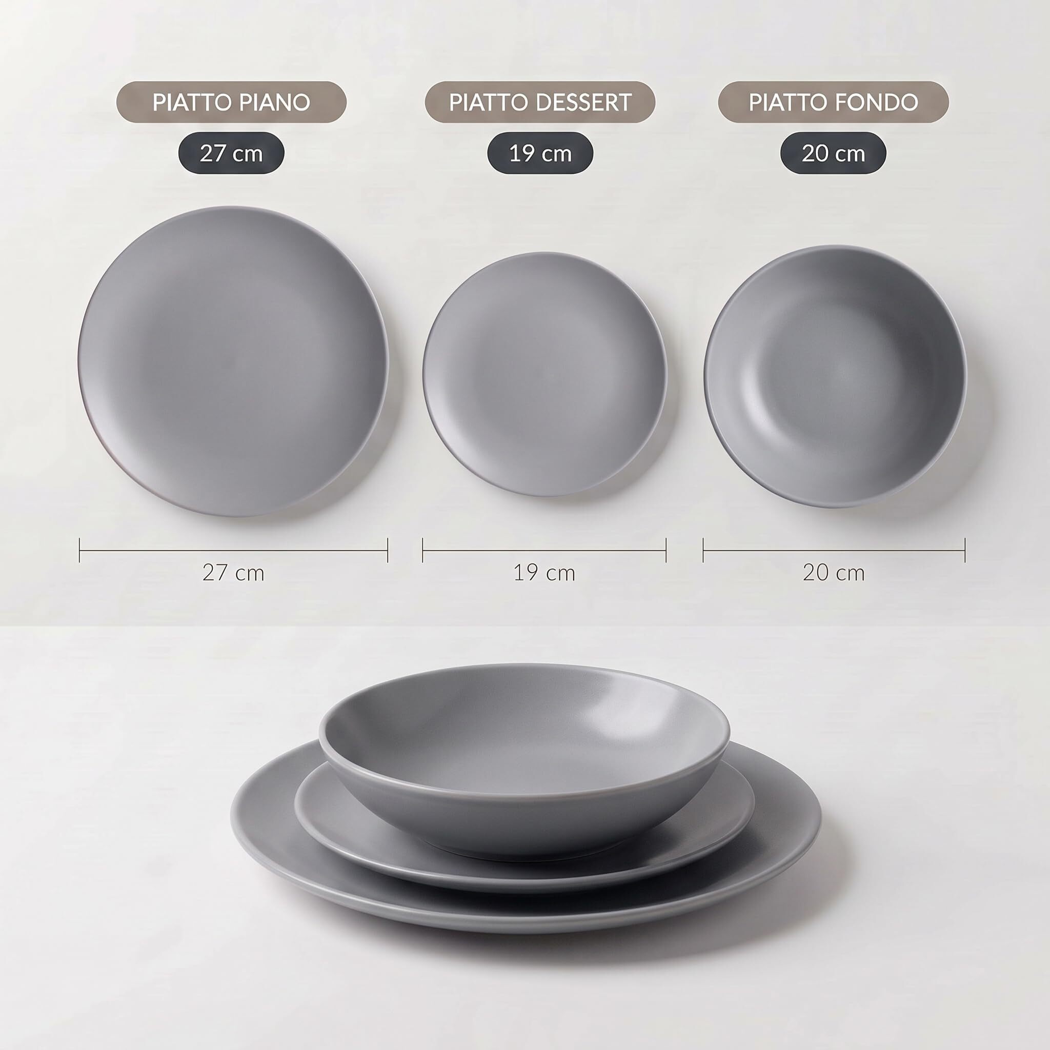 Servizio piatti 18 pezzi in ceramica - GRIGIO