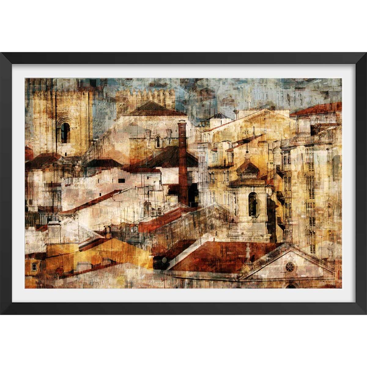 Affiche Alfama Lisbonne Affiche + cadre en bois - Noir