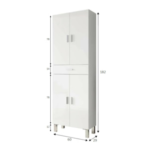 Armadio multiuso grande Amiga, Mobile per bagno o lavanderia a 4 ante e 1 cassetto, Armadio multiuso porta scarpe, 60x29h182 cm, Bianco lucido