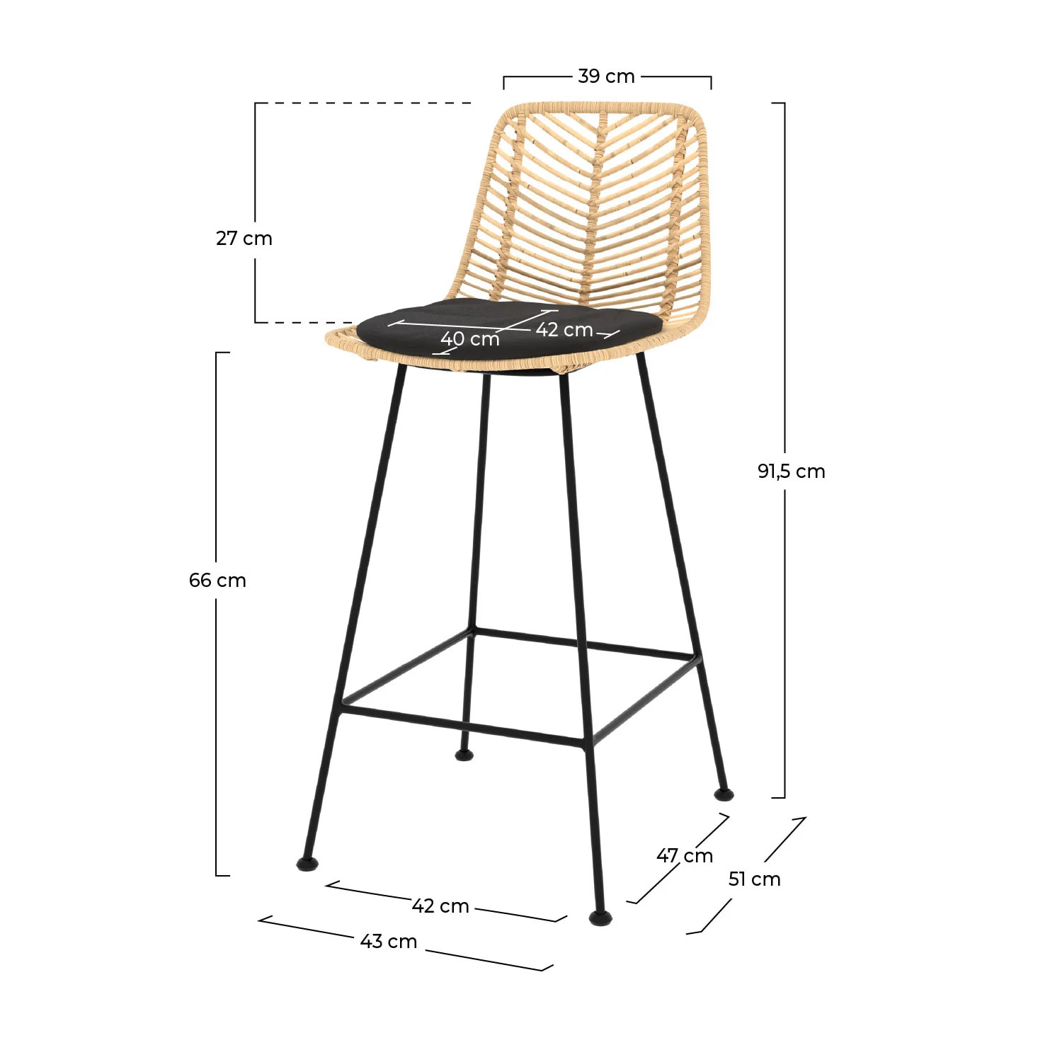 Lot de 2 chaises pour îlot central 66 cm en rotin naturel et noir - Tamara