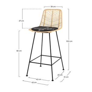 Lot de 2 chaises pour îlot central 66 cm en rotin naturel et noir - Tamara