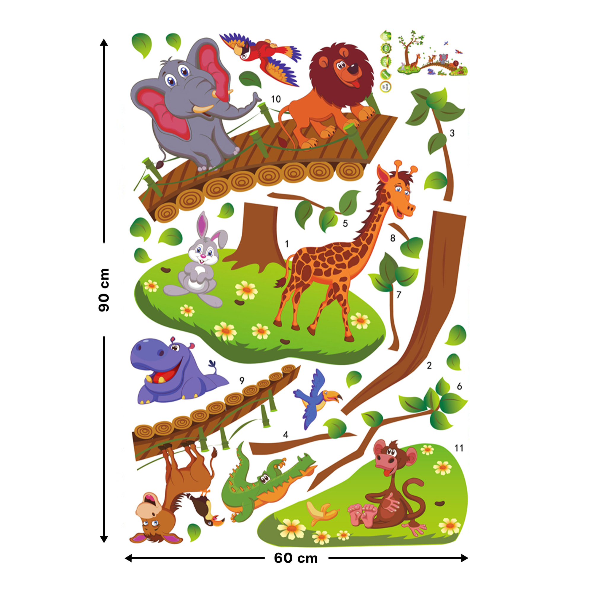 Stickers Muraux décoration adhésifs animaux rigolos sur un pont de bois