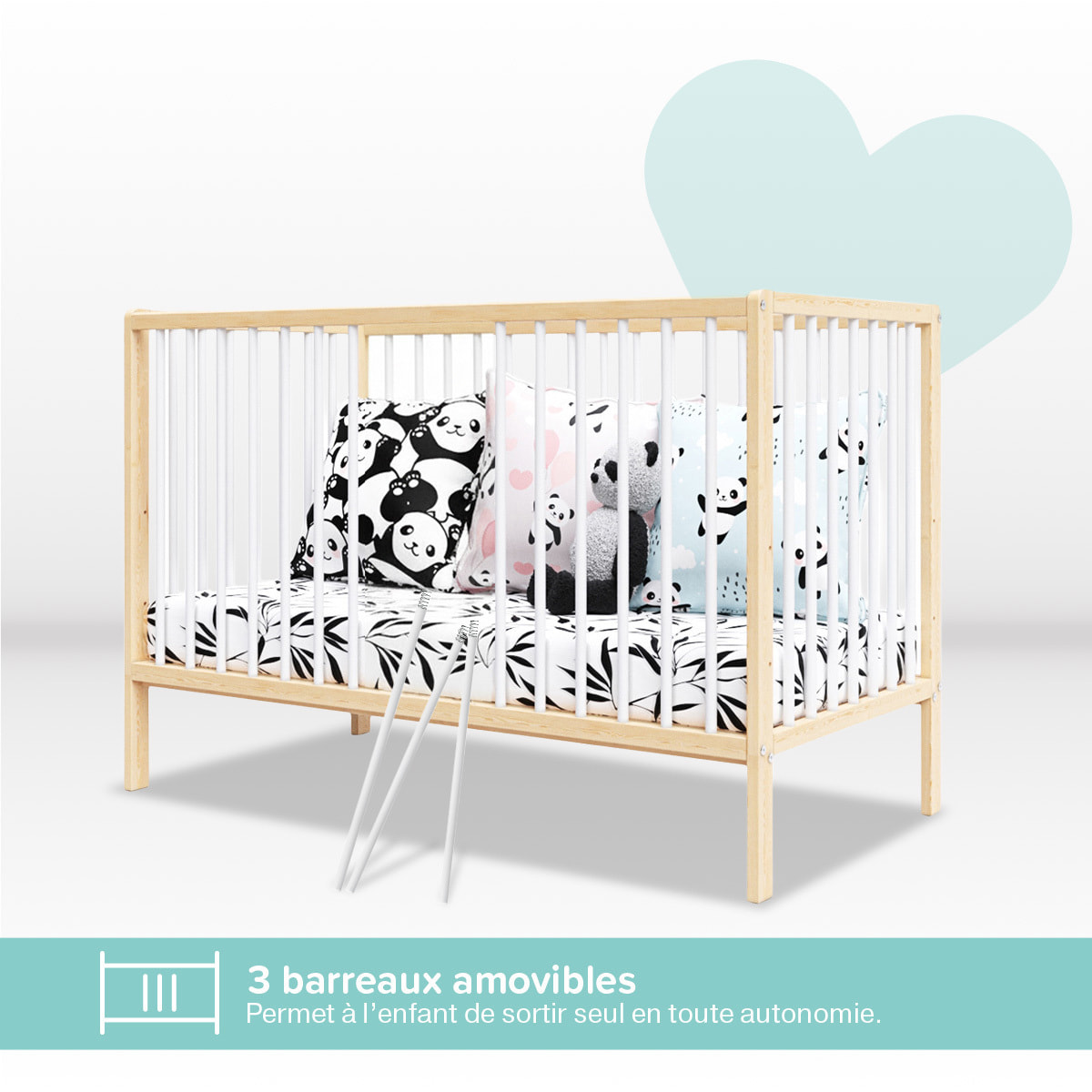 Lit Bébé Évolutif Mathis 60x120 cm, avec Tiroir de Rangement, Sommier Réglable 3 Hauteurs, Barreaux Amovibles, Couleur Bois Naturel et Blanc