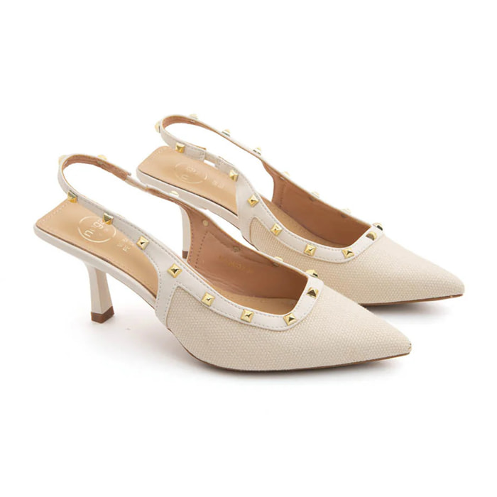 Slingback borchiata con tacco 7 - BEIGE