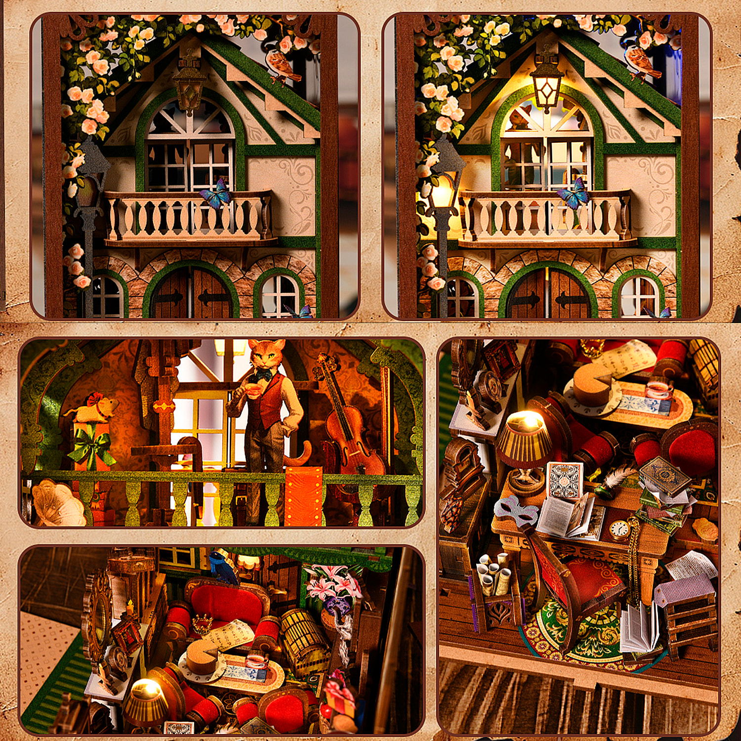 Oficina de Gatos. Book Nook de madera, diseño 3D realista con gran detalle, cubierta y luces led.