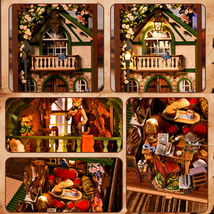 Oficina de Gatos. Book Nook de madera, diseño 3D realista con gran detalle, cubierta y luces led.