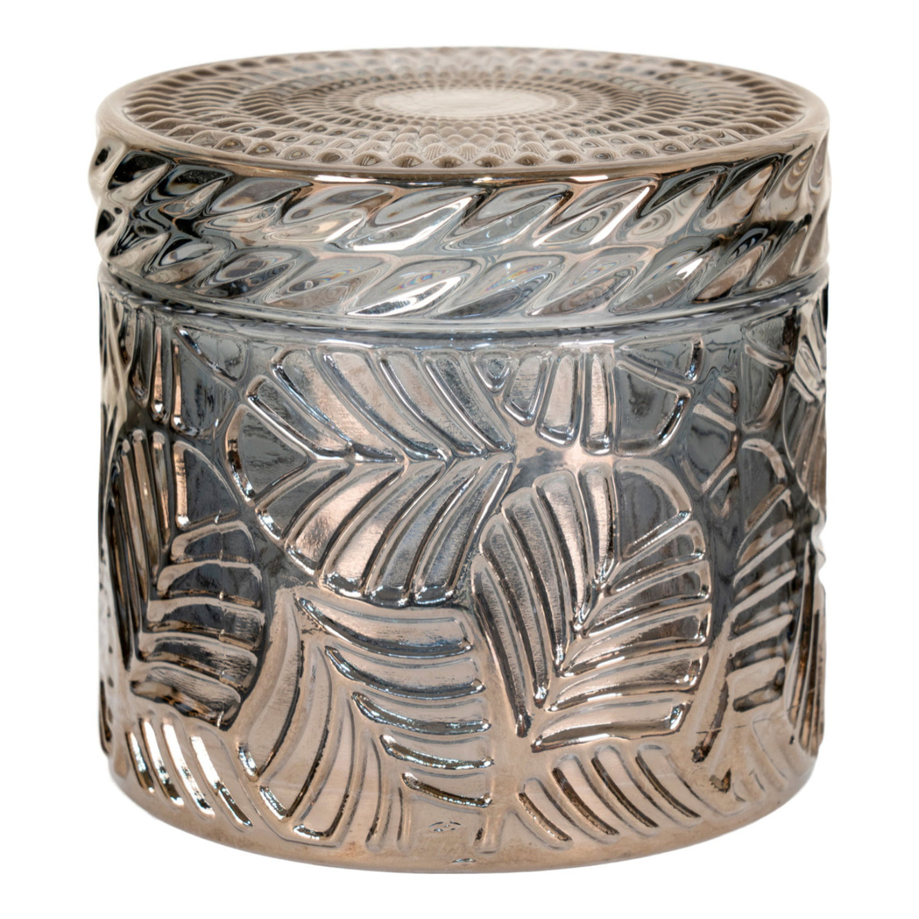 Set di 2 vasetti decorativi in vetro fumé con coperchio e motivi in rilievo ø9x8,5 cm