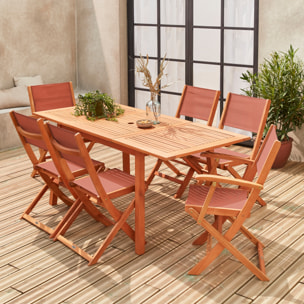 Table de jardin extensible bois d'eucalyptus + 6 assises - Almeria - Table 120/180cm avec rallonge. 2 fauteuils et 4 chaises. en bois d'Eucalyptus huilé et textilène terra cotta