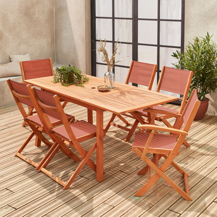 Table de jardin extensible bois d'eucalyptus + 6 assises - Almeria - Table 120/180cm avec rallonge. 2 fauteuils et 4 chaises. en bois d'Eucalyptus huilé et textilène terra cotta