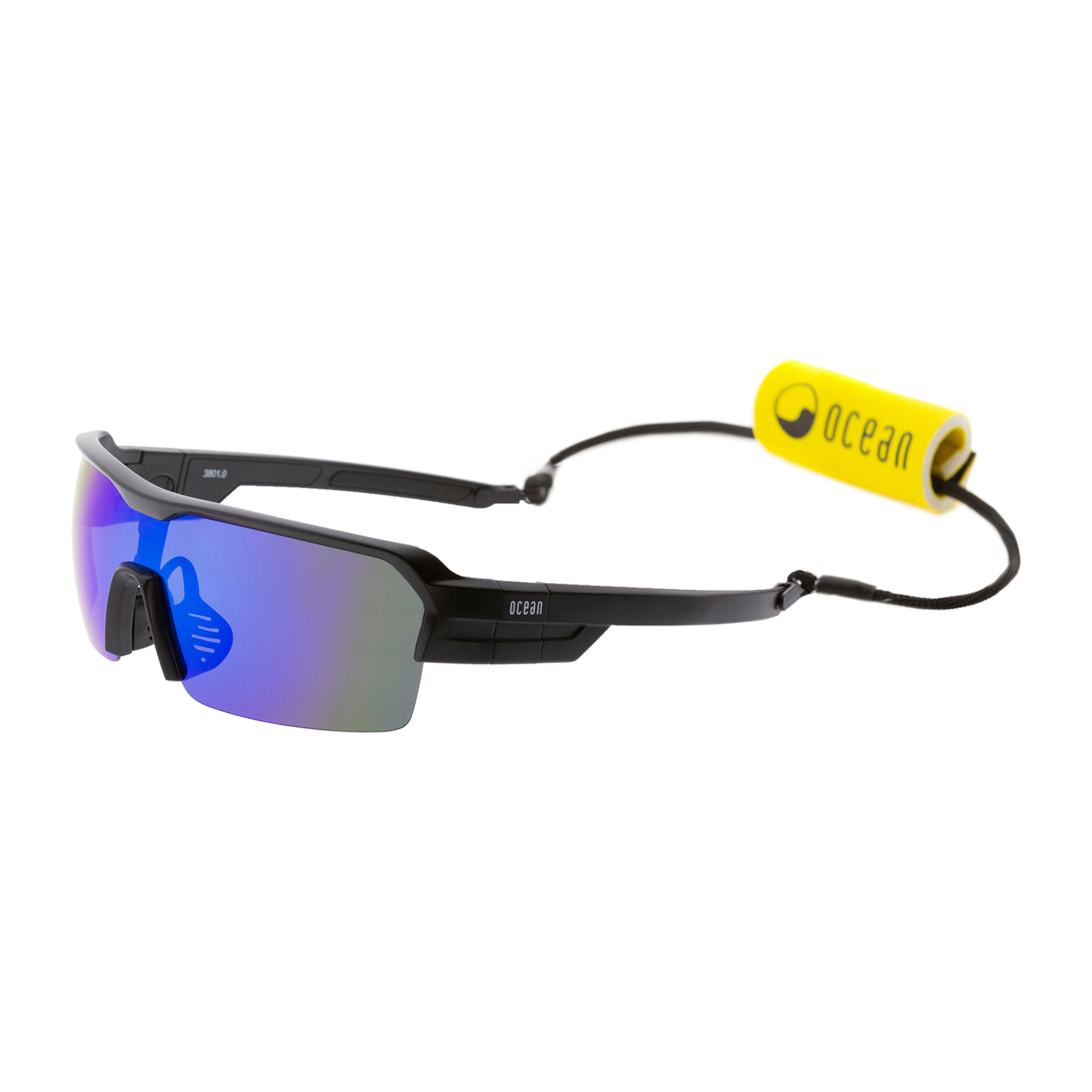 Gafas de deportes acuáticos OCEAN RACE - Negro mate / Revo azul y plaquetas y puntas azules