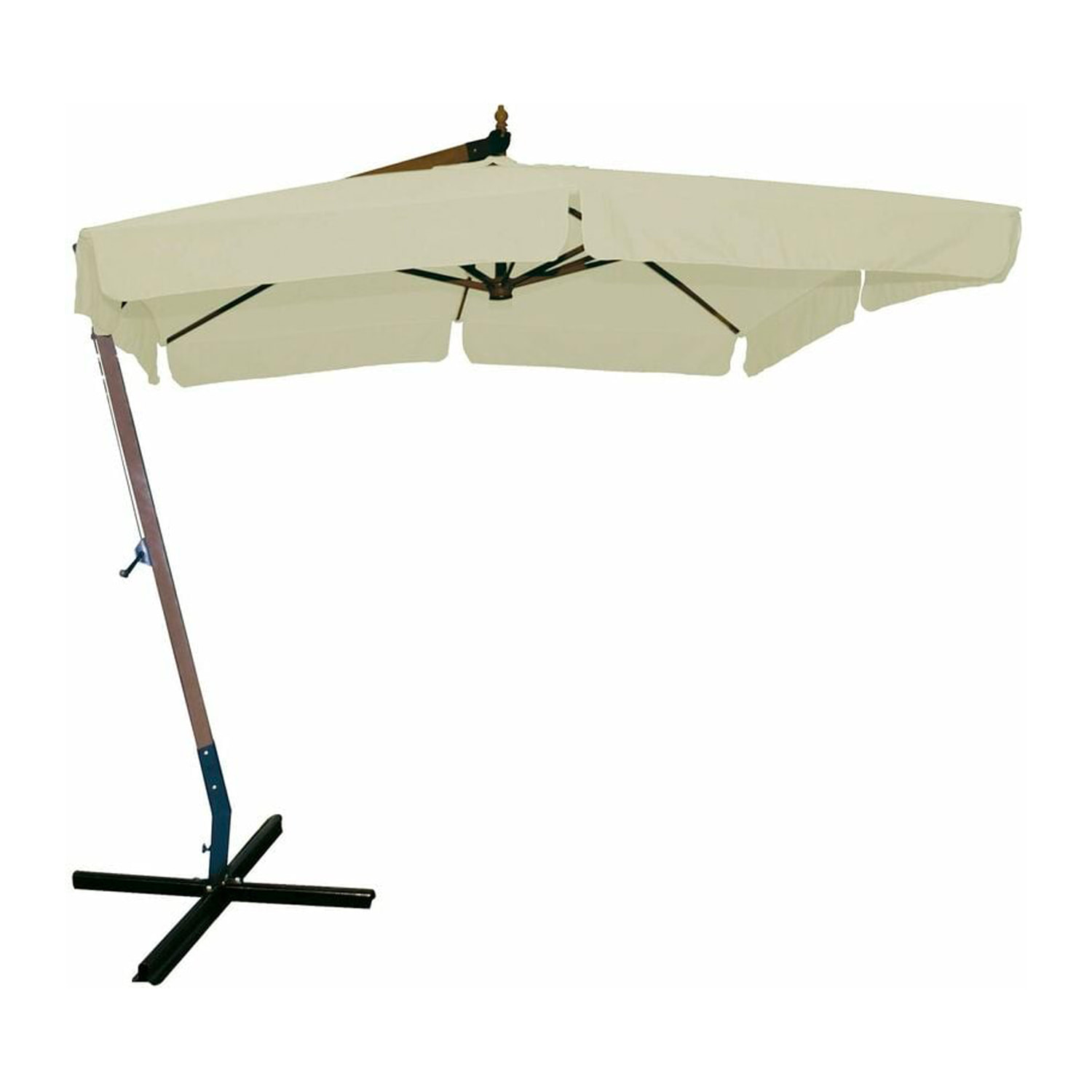 Ombrellone da giardino decentrato palo laterale in legno da 55 mm e telo esagonale in poliestere 180 gr/mq da 300x300 cm con bordura da 50 mm. Ombrellone 3x3 mt tondo con base a croce