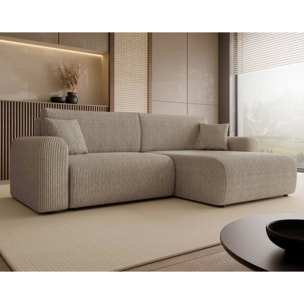 Naomi - Canapé d'angle réversible 4 places convertible avec coffre en velours côtelé - Taupe
