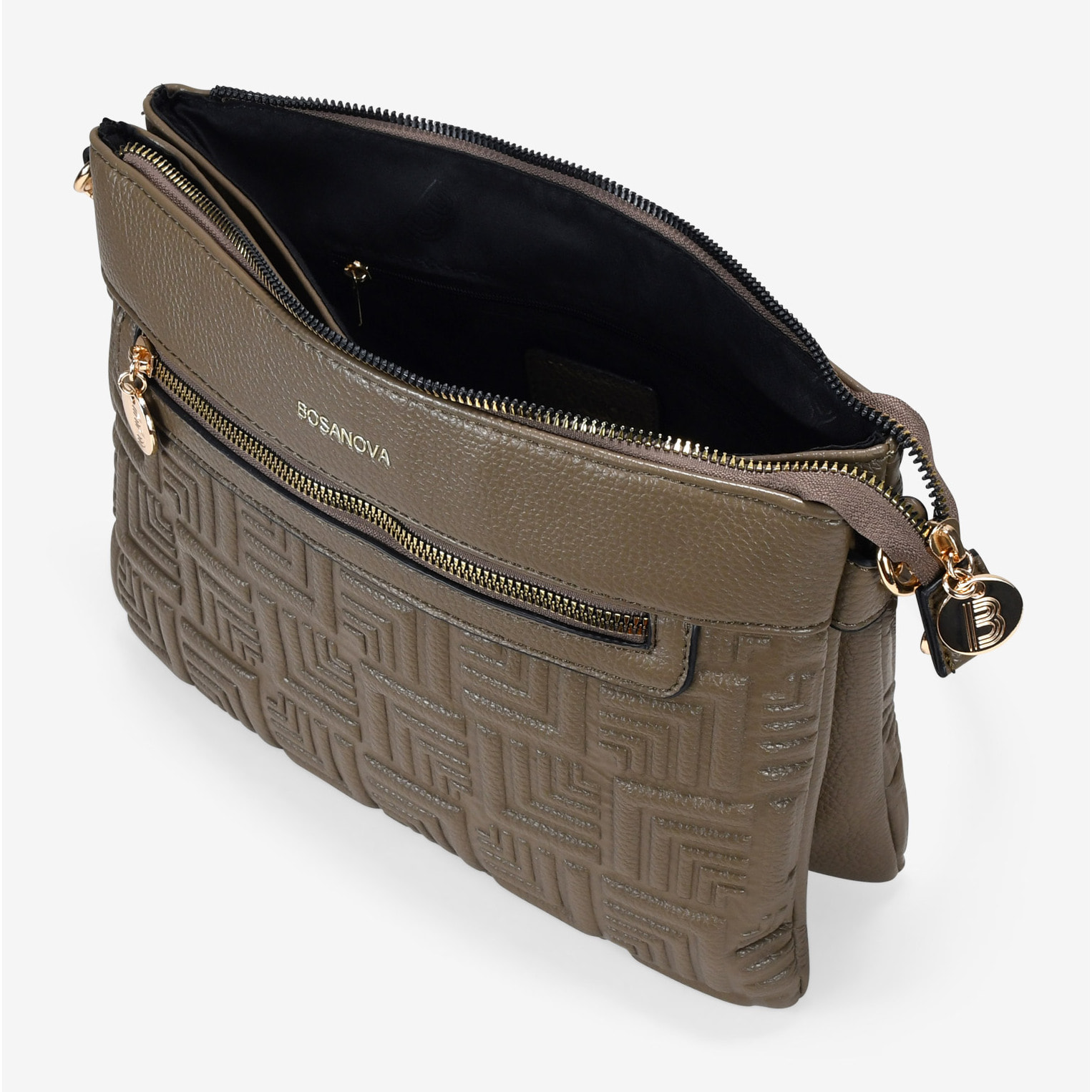 Bolso bandolera taupe con cinturón y grabado