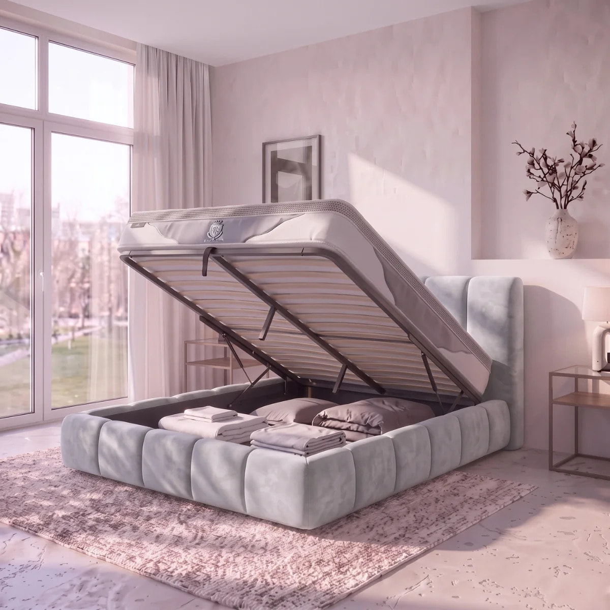 Ensemble matelas Royal XXL & lit coffre Everest | Mémoire de forme et ressorts ensachés | Grande capacité de stockage | tissu épais | Gris