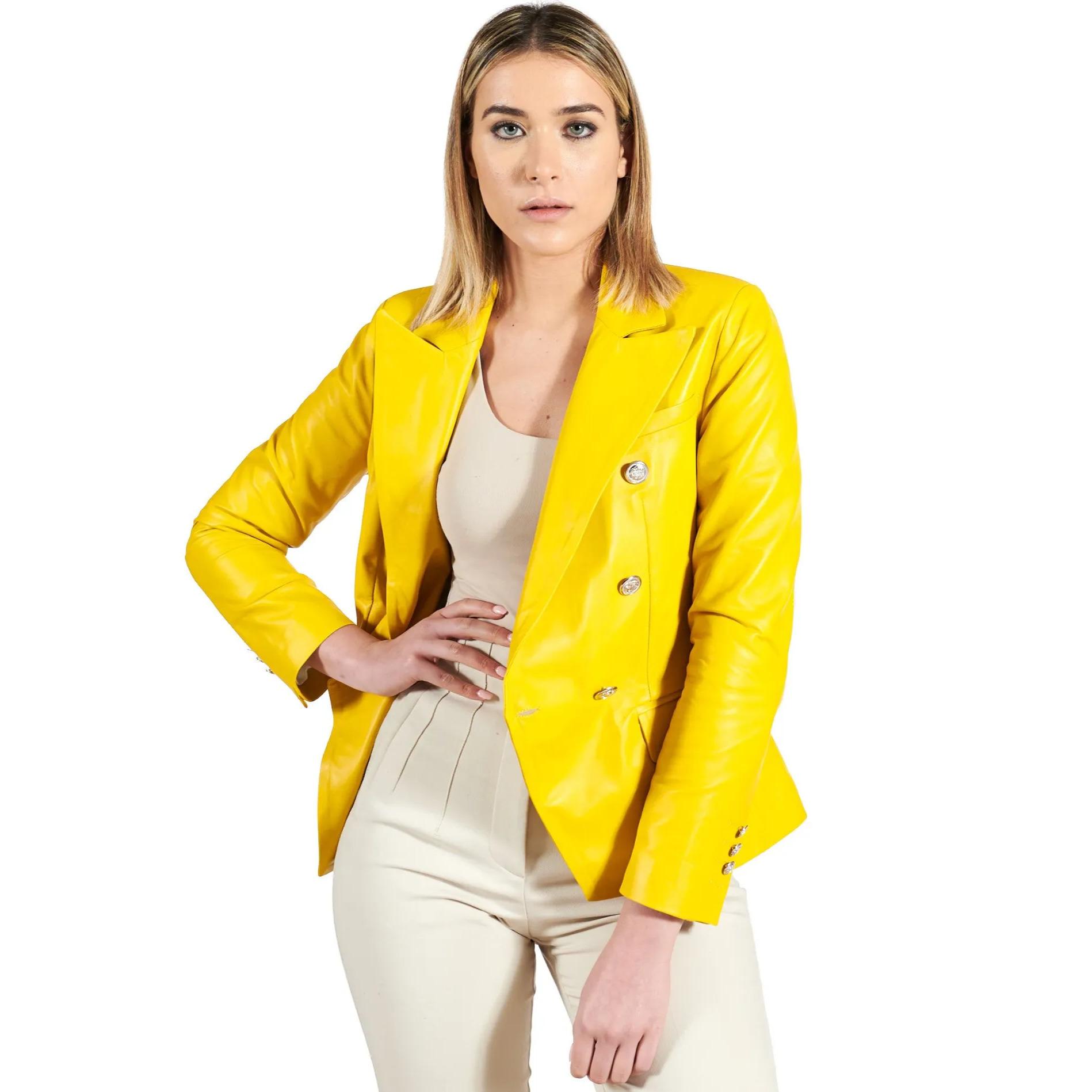 Giacca blazer doppio petto in pelle naturale gialla