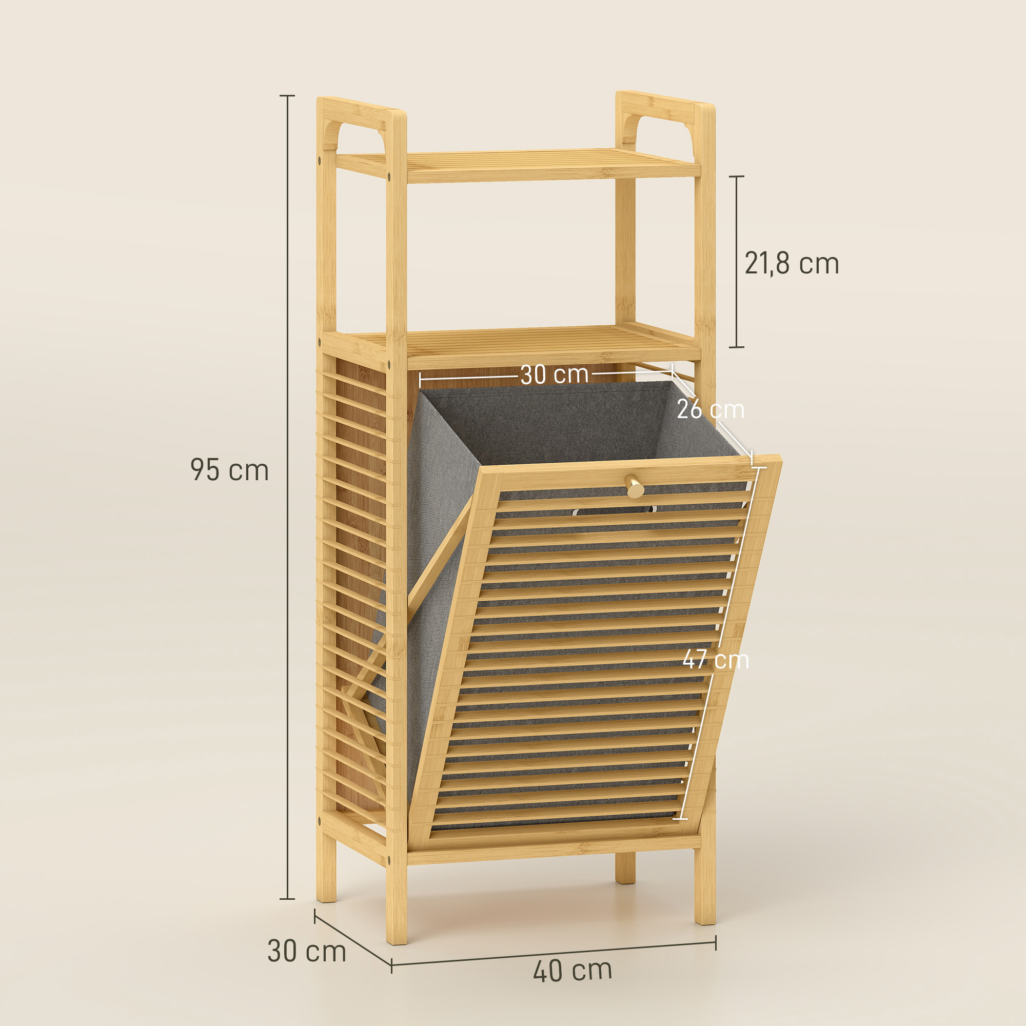 Meuble de rangement à linge en bambou, meuble de salle de bain avec étagère, panier à linge basculant, porte à lattes et sac de rangement amovible, 40 x 30 x 95 cm, effet bois naturel