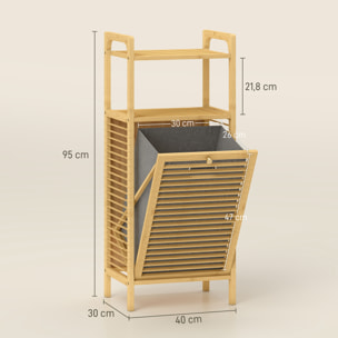 Meuble de rangement à linge en bambou, meuble de salle de bain avec étagère, panier à linge basculant, porte à lattes et sac de rangement amovible, 40 x 30 x 95 cm, effet bois naturel