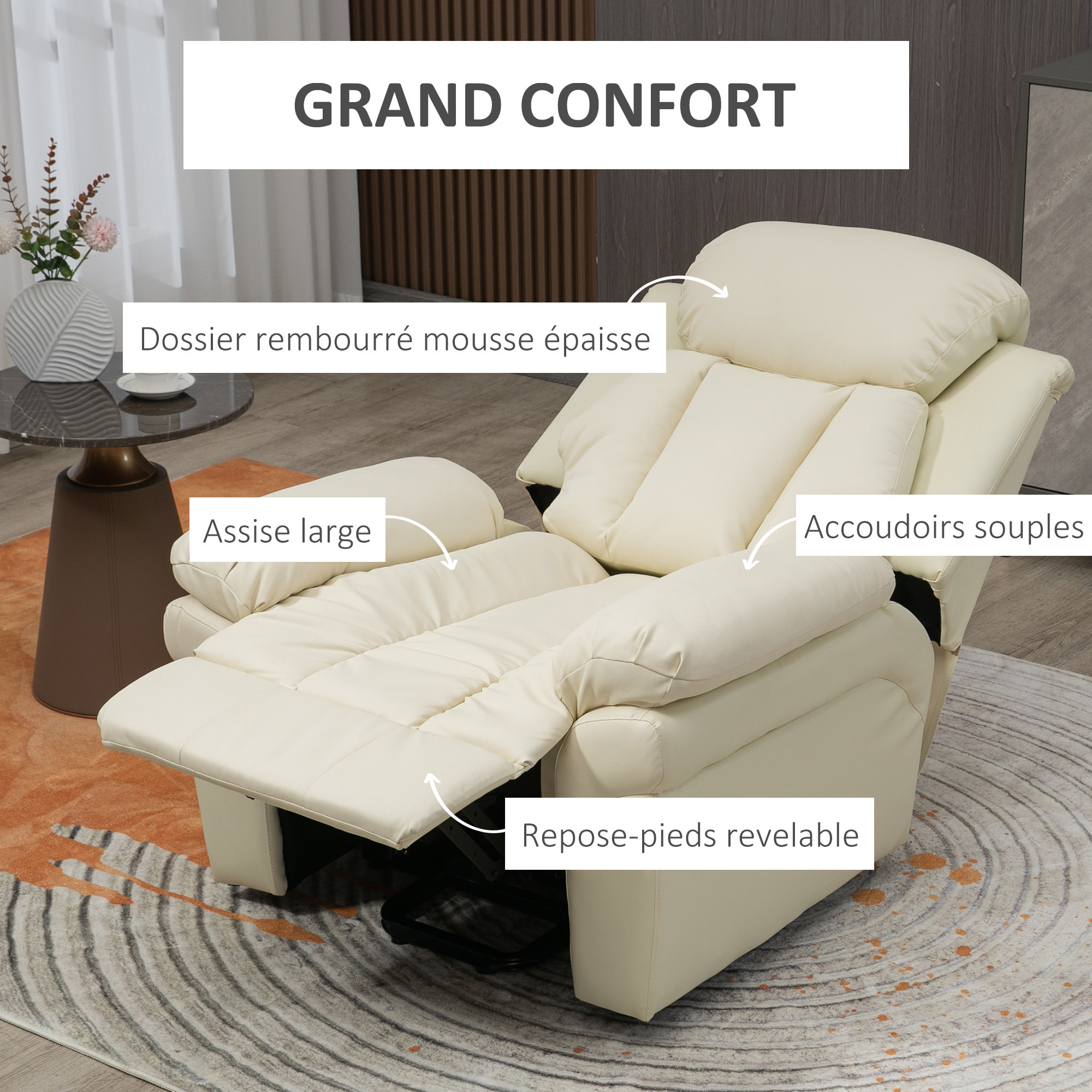 Fauteuil releveur inclinable avec repose-pied ajustable - fauteuil de relaxation électrique - revêtement synthétique crème