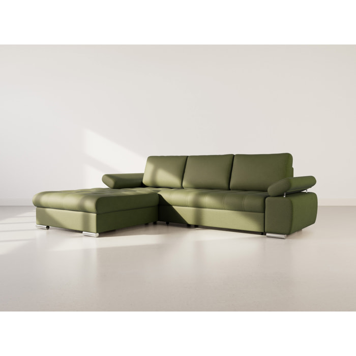 Bianca - Canapé d'angle gauche 4 places convertible avec coffre en tissu texturé - Vert