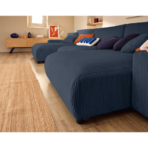 Pivoine - canapé panoramique en U - 7 places - convertible avec coffre - en velours côtelé - Bleu nuit