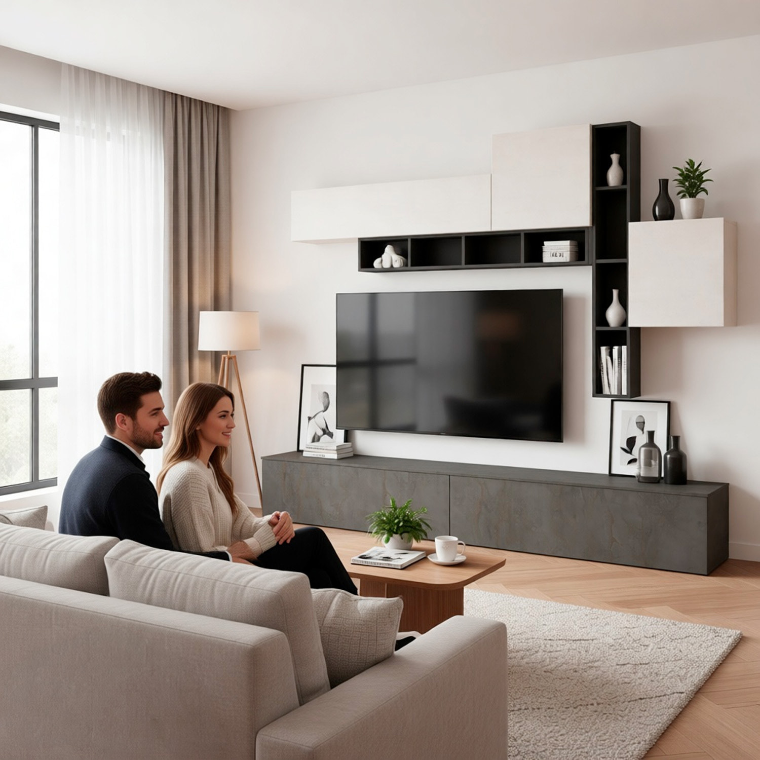 Parete Attrezzata Soggiorno Con Librerie Basi A Ribalta Pensili Push-Pull Mobile TV Moderno Reversibile 200 x 276 x 39.6 Cm Grafite Ossidata E Bianco