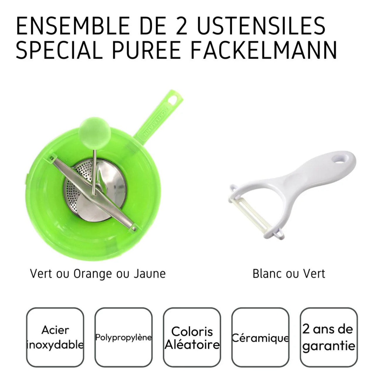 Ensemble de 2 ustensiles spécial purée avec éplucheur et moulin à légumes Fackelmann