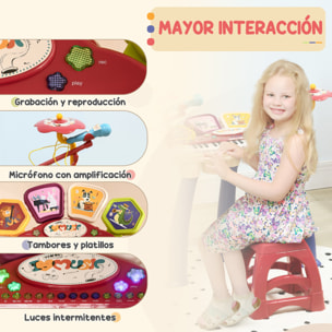 Piano Electrónico Infantil de 32 Teclas Juego de Piano 2 en 1 con Batería Micrófono Taburete Luces 19 Canciones 4 Sonidos y Volumen Ajustable 74x32,2x71 cm Multicolor