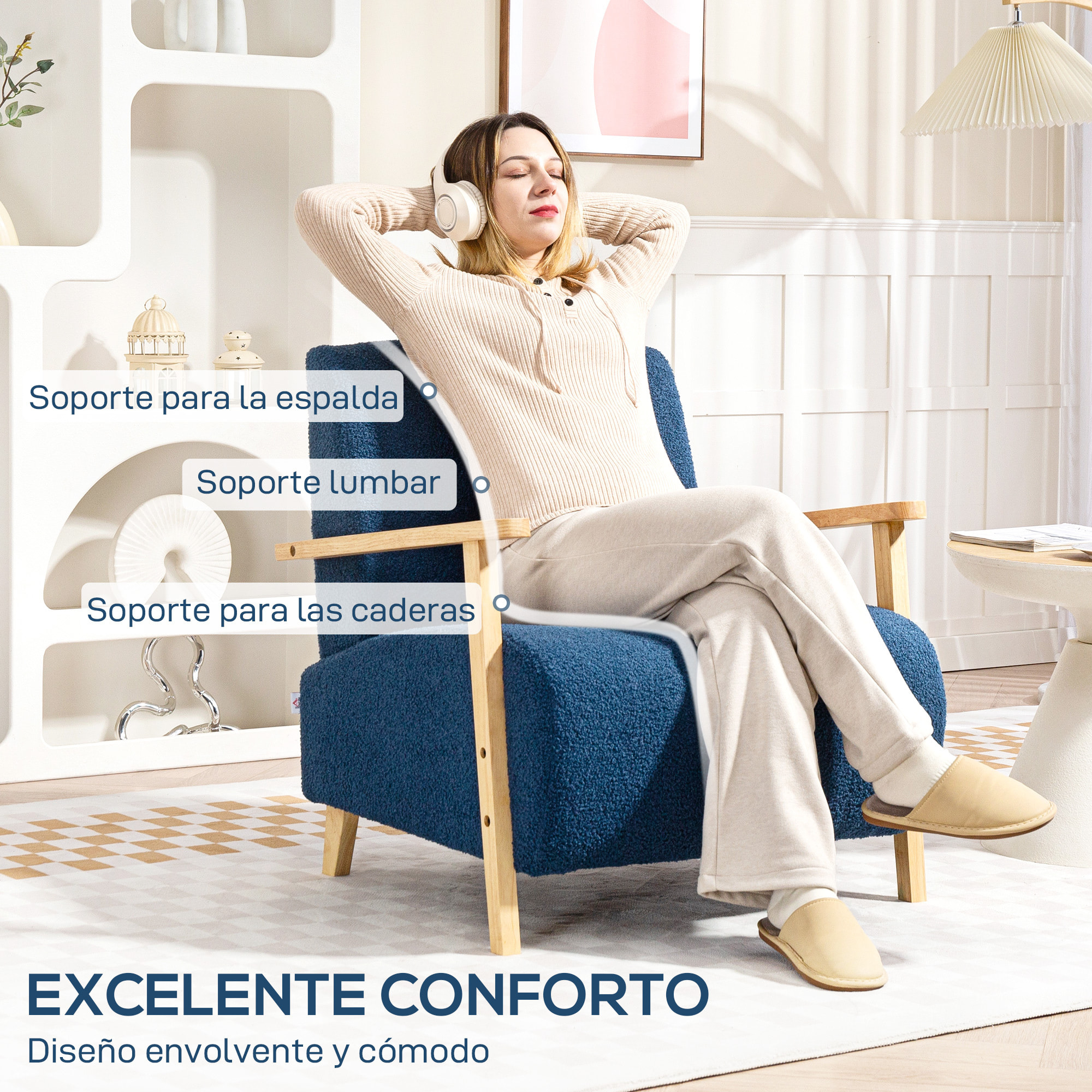 Sofá de 1 Plaza Tapizado en Borreguito Sofá de Salón de 74,5 cm con Acolchado Grueso Reposabrazos y Patas de Madera para Dormitorio Sala de Estar Azul Oscuro