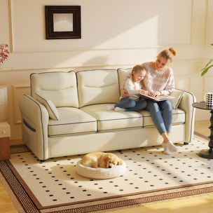 Sofá de 3 Plazas, Sofá de Salón Moderno, 190x83x90 cm, Tapizado en Cuero Sintético, Acolchado Grueso, Asiento Ancho, Reposabrazos y Bolsillo Lateral, Montaje Rápido, 2 Almohadas, Beige