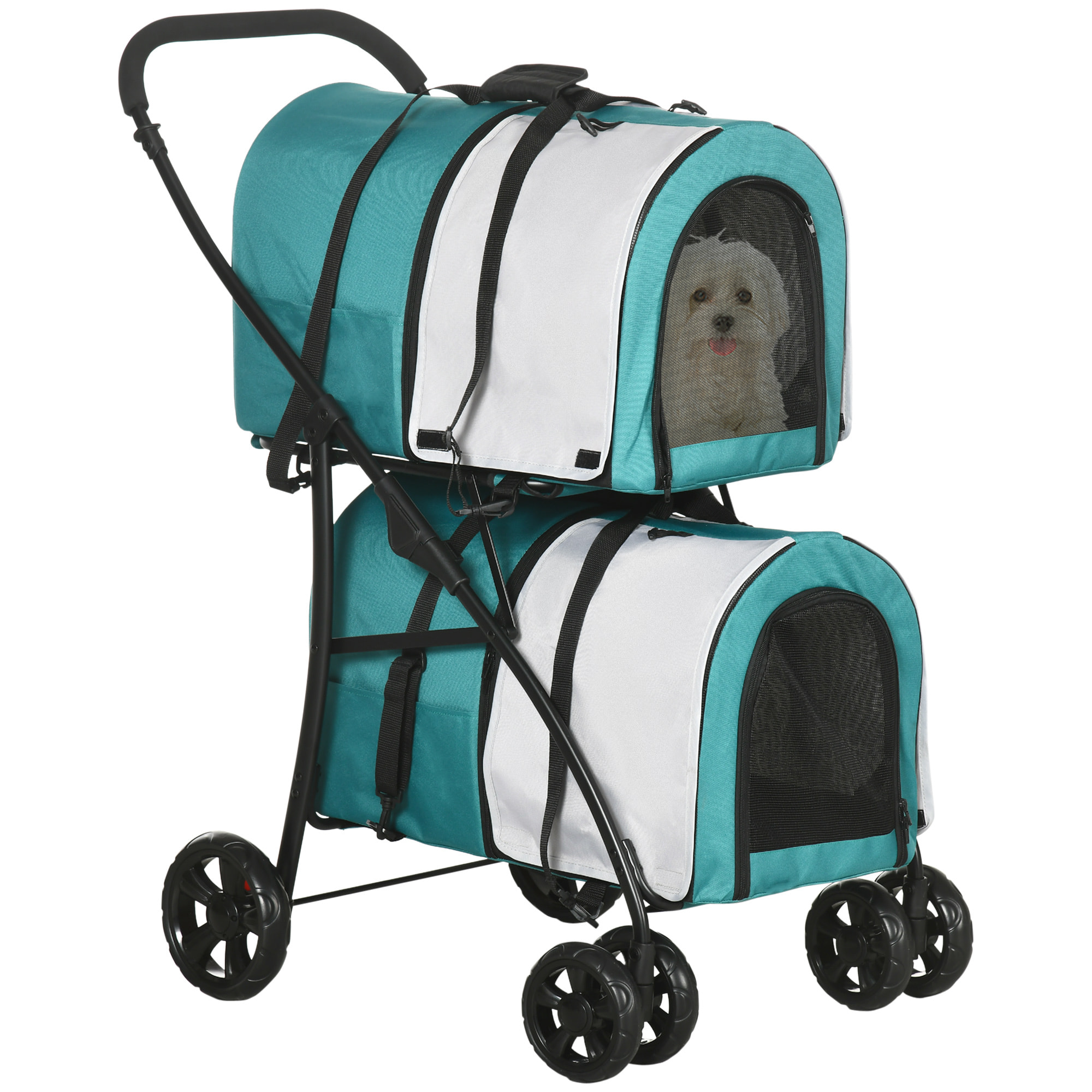 Cochecito Doble para Perros Gatos Cochecito Plegable para Mascotas con 2 Transportines Extraíbles Cinturón de Seguridad Bolsillos Laterales y 2 Cojines 66x50x98 cm Verde y Gris