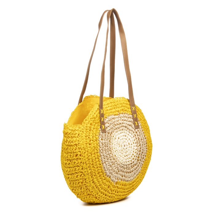 IRIA QUINTANA Borsa a tracolla da donna Francavilla realizzata in rafia di carta intrecciata. 46x10x40 cm. Colore: giallo chiaro