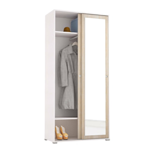 Guardaroba Tulipano, Armadio a 2 ante scorrevoli e specchio, Mobile con barra appendiabiti e ripiani, 100% Made in Italy, Cm 90x45h195, Rovere e Bianco