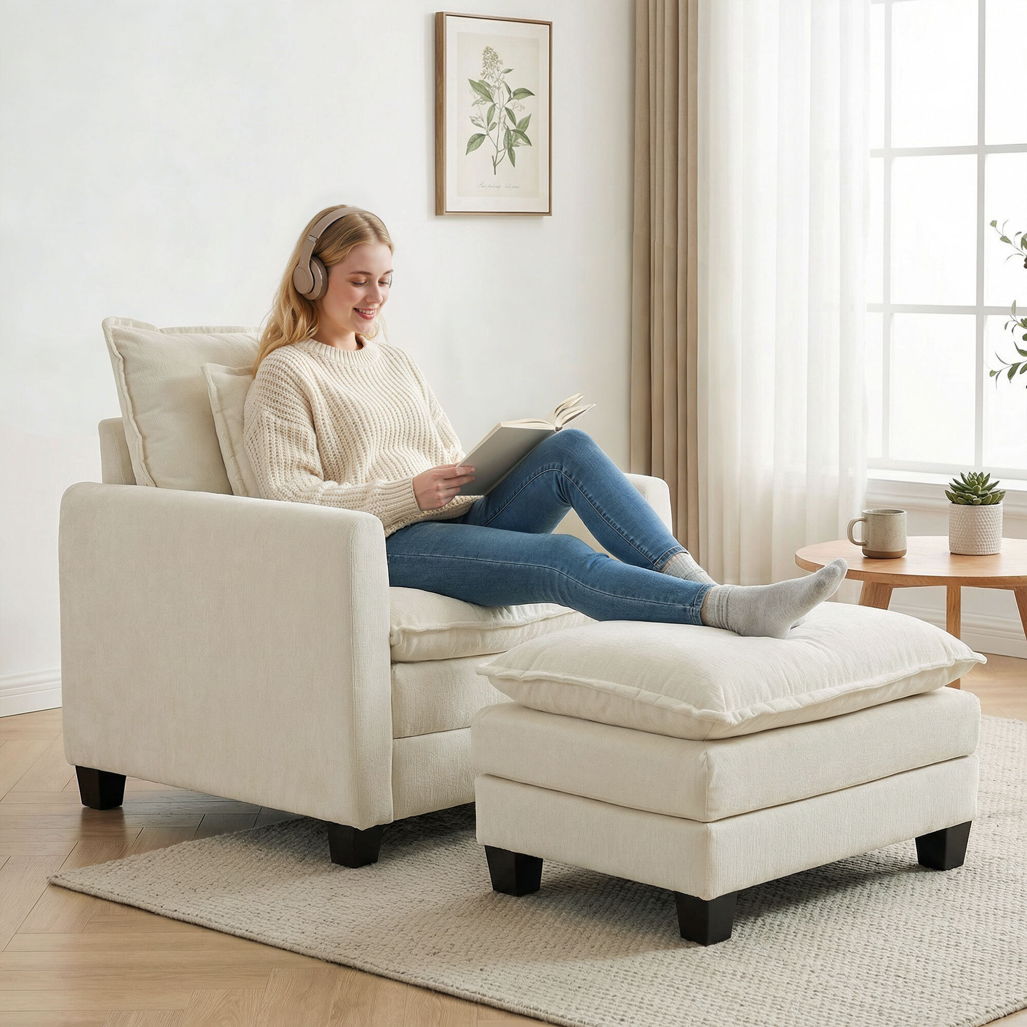 Fauteuil salon avec repose-pieds grand confort tissu chenille crème