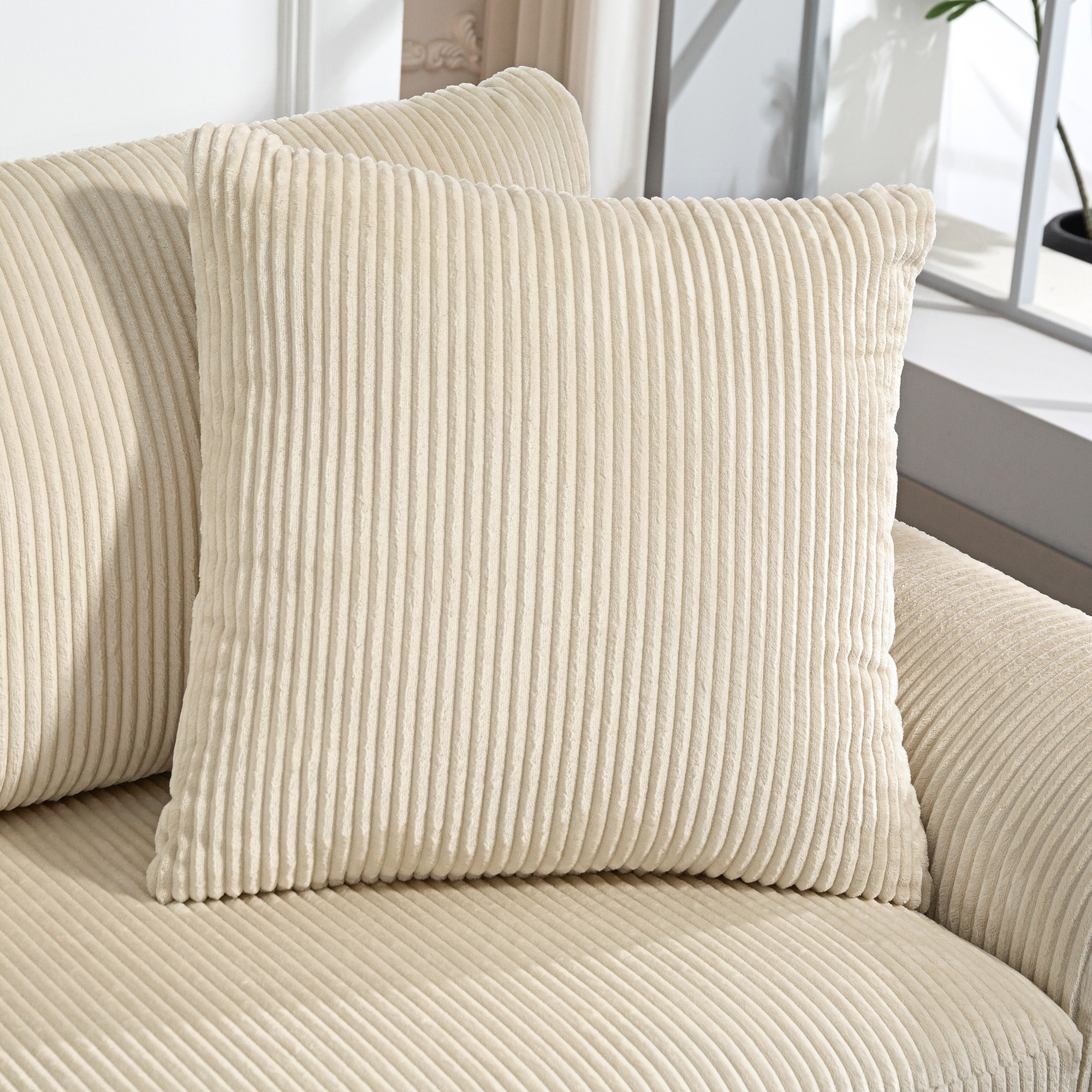 Canapé 3 places velours côtelé avec 2 coussins - canapé droit fixe 3 places beige clair