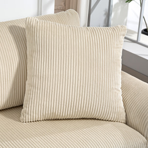 Canapé 3 places velours côtelé avec 2 coussins - canapé droit fixe 3 places beige clair