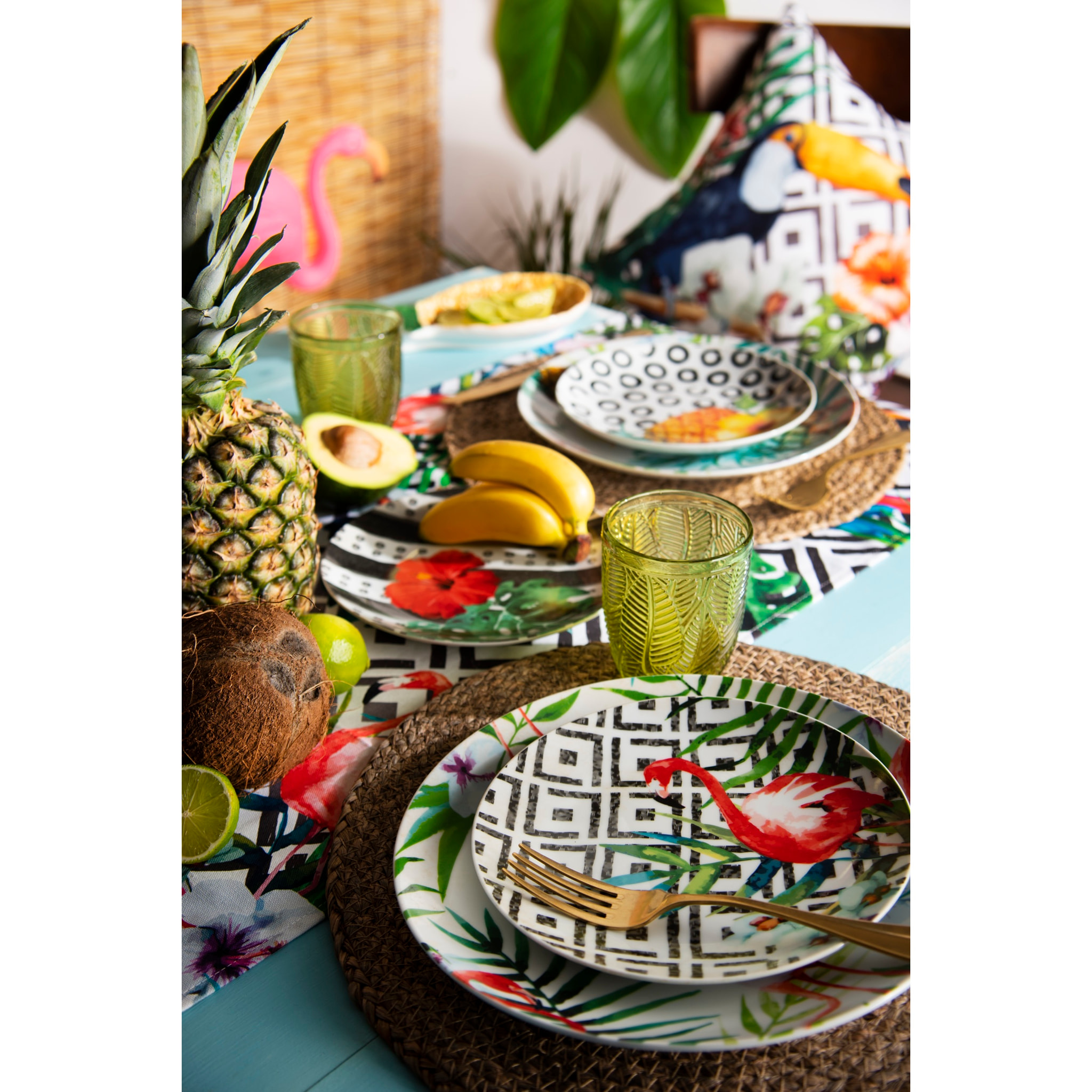 Service 18 assiettes Excelsa Tropical Chic, porcelaine et stoneware, multicolore