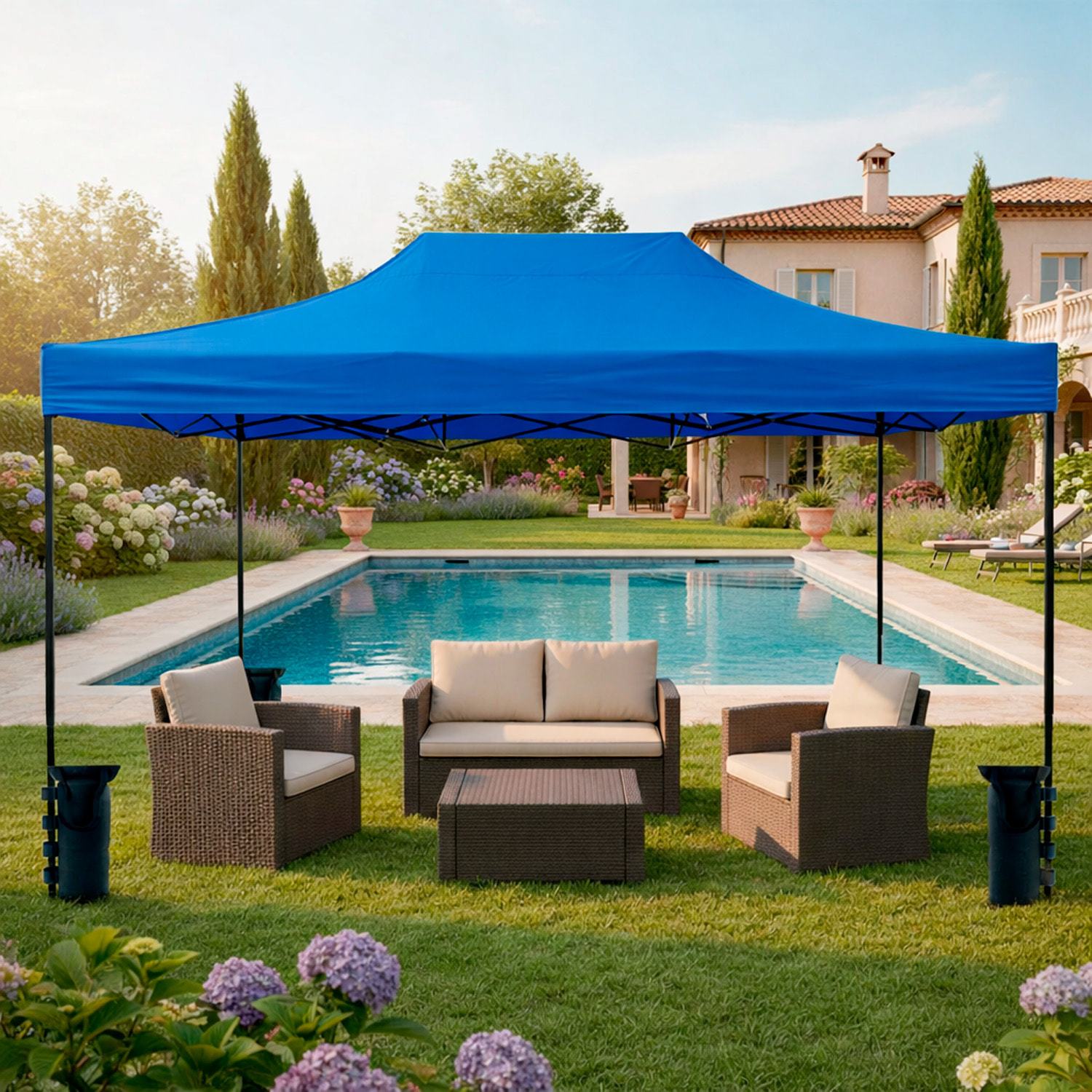 Gazebo Professionale 3x4.5 M Richiudibile Automatico In Acciaio E Telo Oxford 1200D PVC Impermeabile Anti UV Struttura a Fisarmonica con Sacche Blu