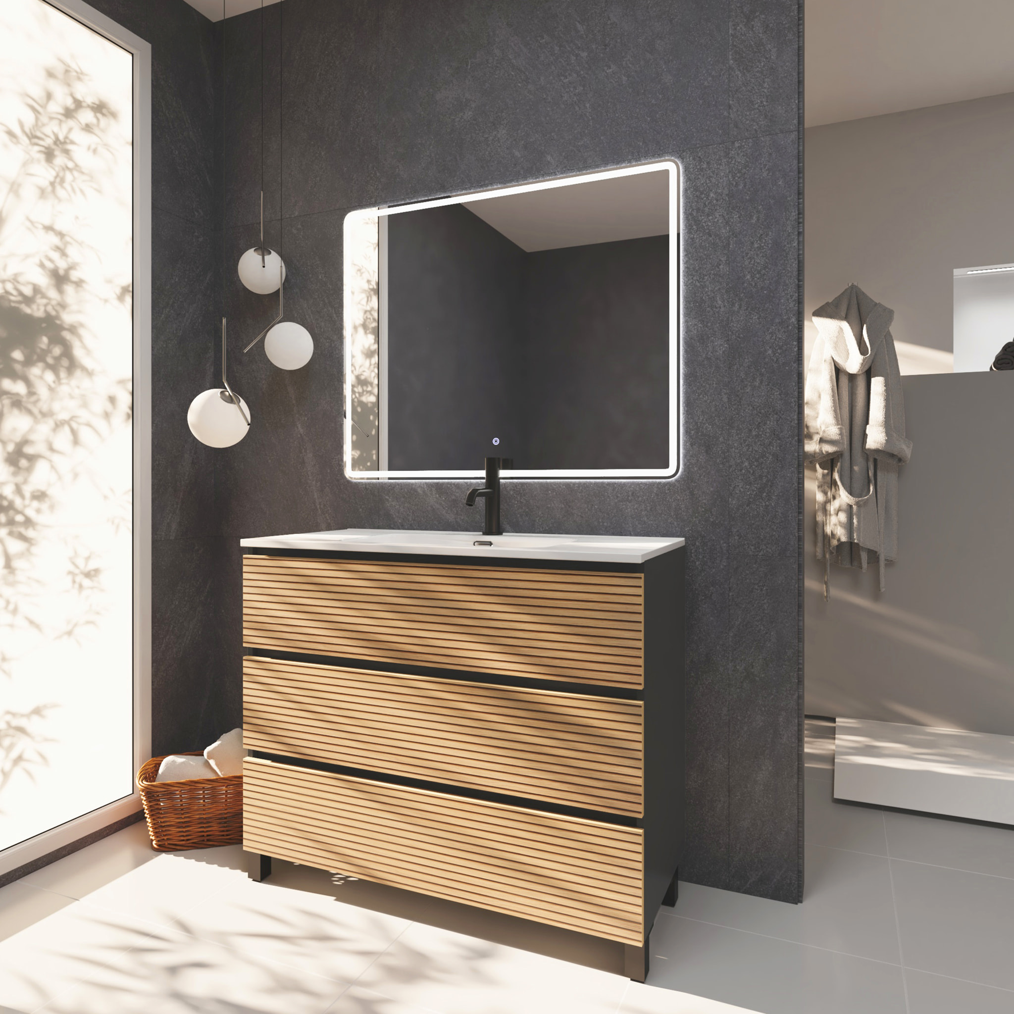 Meuble de Salle de Bain Yinu | 100 cm Noir - Solomon | Trois Tiroirs | Lavabo Encastre | N'inclut pas Miroir | Meuble Monte | Alday